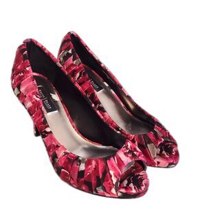 White House Black Market | Pink Satin Floral Peep Toe Pleated Heels, Size 6